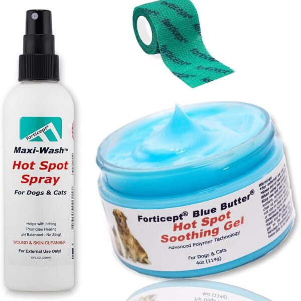 Forticept Hot Spot Treatment and Wound Care Kit for Dogs&Cats |Hotspot Wound Wash Spray 8oz + Wound Care Ointment 4oz + 2" 5 Yards Wound and Paw Bandage Wrap | First Aid Kit