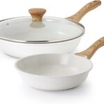 SENSARTE Nonstick Frying Pan Skillets, White Ceramic Coating Omelette Pans, Healthy Cookware Chef's Pan, Free of PTFE & PFAS (8+11Inch with Lid)