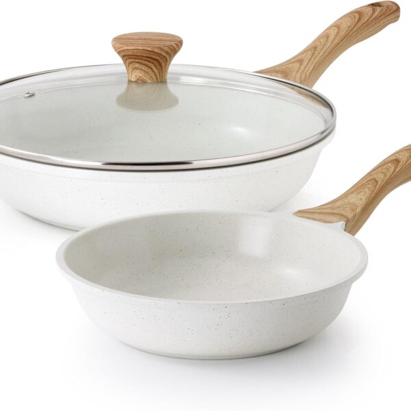 SENSARTE Nonstick Frying Pan Skillets, White Ceramic Coating Omelette Pans, Healthy Cookware Chef's Pan, Free of PTFE & PFAS (8+11Inch with Lid)