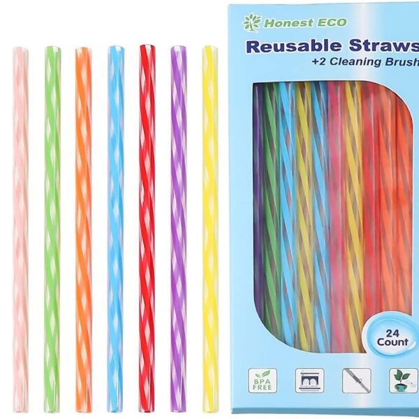 Reusable Stirrer Straws with Cleaner Brush Short Assorted color Plastic Pipes fit for Milk & Juice & Coffee & Smoothies & Cocktail & Kids Straws Kit (24Count-7.5in)