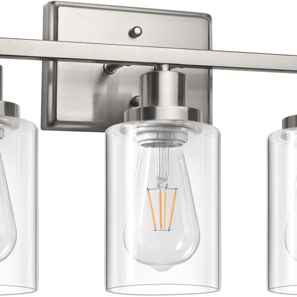 Ascher Bathroom Vanity Light Fixtures, 3 Light Wall Sconces Lighting with Clear Glass Shade, Brushed Nickel Wall Lights for Mirror, Kitchen, Living Room, Gallery, E26 Base (Bulbs Not Included)