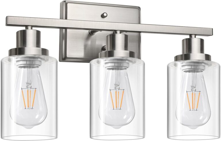 Ascher Bathroom Vanity Light Fixtures, 3 Light Wall Sconces Lighting with Clear Glass Shade, Brushed Nickel Wall Lights for Mirror, Kitchen, Living Room, Gallery, E26 Base (Bulbs Not Included)