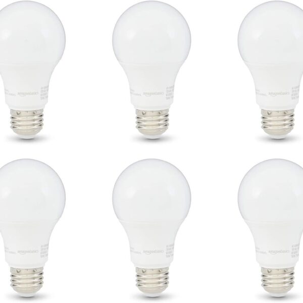 Amazon Basics A19 LED Light Bulbs, 60 Watt Equivalent, Energy Efficient 9W, E26 Standard Base, Soft White 2700K, Dimmable, 10,000 Hour Lifetime , 6-Pack