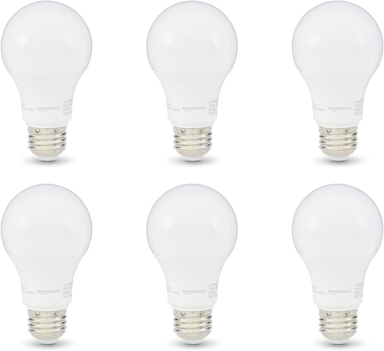 Amazon Basics A19 LED Light Bulbs, 60 Watt Equivalent, Energy Efficient 9W, E26 Standard Base, Soft White 2700K, Dimmable, 10,000 Hour Lifetime , 6-Pack Amazon Basics A19 LED Light Bulbs, 60 Watt Equivalent, Energy Efficient 9W, E26 Standard Base, Soft White 2700K, Dimmable, 10,000 Hour Lifetime , 6-Pack