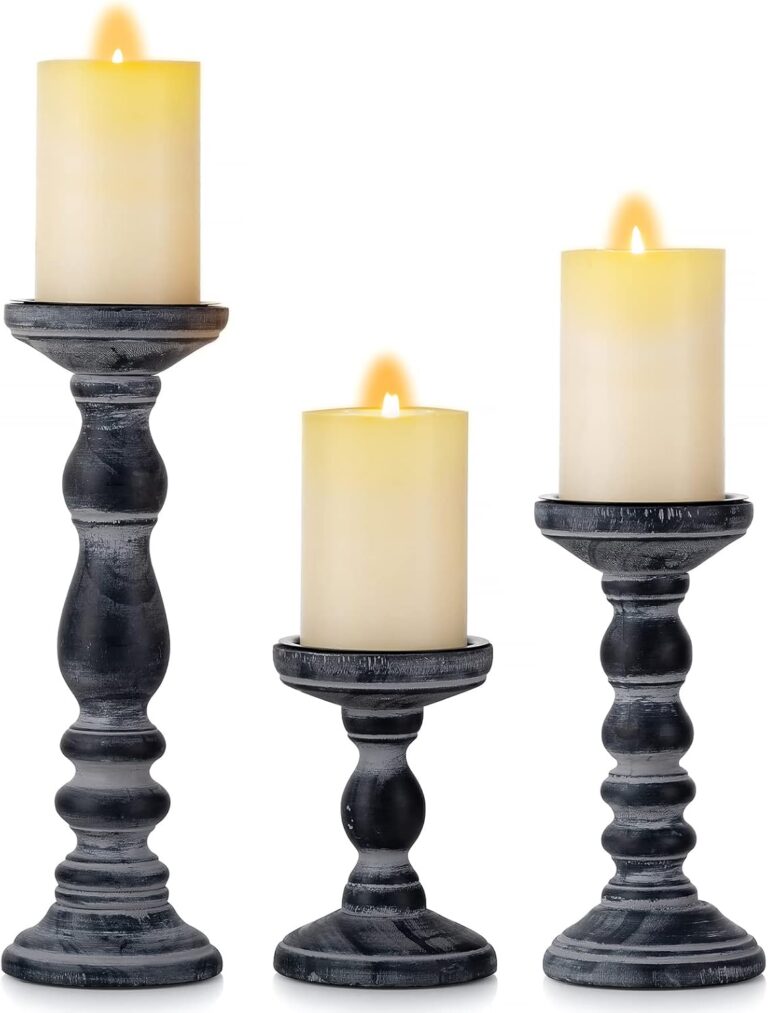 Candle Holder for Pillar Candles: Romadedi Set of 3 Decorative Wood Candlestick Holders, Rustic Wooden Candle Stand for Fireplace Mantle End Table Shelf in Farmhouse Style, Black 6, 8.3, 12