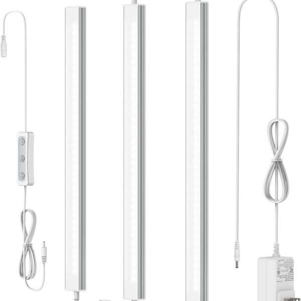 ASOKO Under Cabinet Led Light Plug in, Dimmable Daylight White 4500K, 3 Pack 12 inch Linkable Led Under Counter Lights for Kitchen, Shelf, Workbench, Cupboard, ETL Listed Plug 24V, UNO-LK 4500K