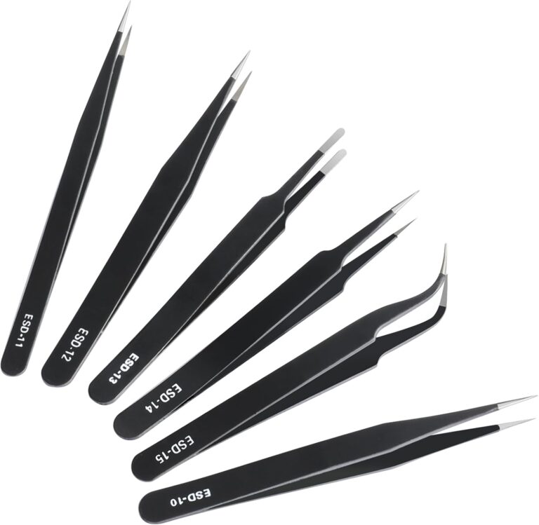 6 Pcs Precision Tweezers Set, Premium Anti-Static Stainless Steel Tweezer, ESD Curved of Tweezers for Electronics, Craft, Laboratory Work, Jewelry-Making, etc