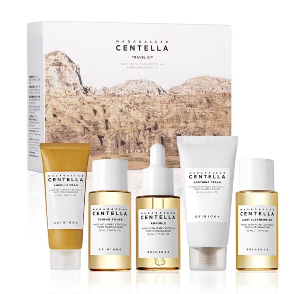 SKIN1004 Madagascar Centella Travel Kit, Toner, Ampoule, Soothing Cream, Cleansing Oil, Ampoule Foam, Basic Skincare Trial Kit Box , Gift Sets for Mom, Women & Mothers Day, Compact Size