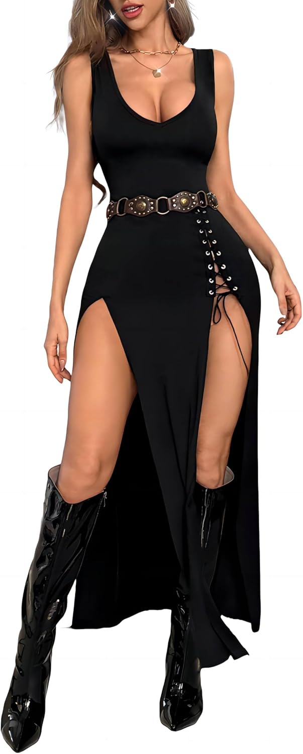 GothDark Vintage Black Goth Dress High Slit V Neck Eyelet Rope Sexy Party Club Prom Dresses GothDark Vintage Black Goth Dress High Slit V Neck Eyelet Rope Sexy Party Club Prom Dresses