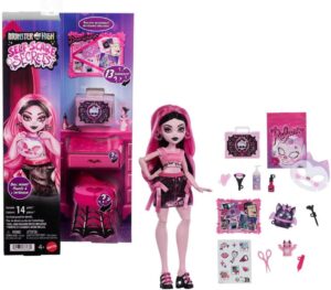 Monster High Self-Scare Secrets Draculaura Doll and Accessories Set with 13 Realistic Surprises Like Working Face Roller and Customizable Mood Board