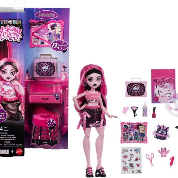 Monster High Self-Scare Secrets Draculaura Doll and Accessories Set with 13 Realistic Surprises Like Working Face Roller and Customizable Mood Board