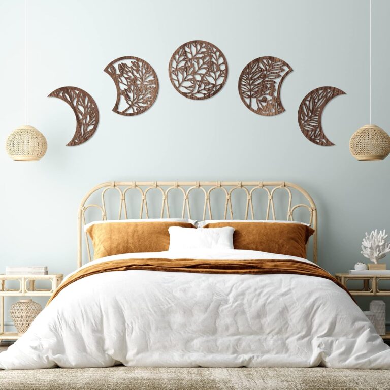 Jetec 5 Pcs Moon Phase Wall Art Decor Wall Pediments Hanging Wooden Phase Spiritual Bedroom Nordic Boho Lunar Aesthetic Art for Living Room Dorm Apartment Ornament(Brown,10.6 Inch,Botanical)