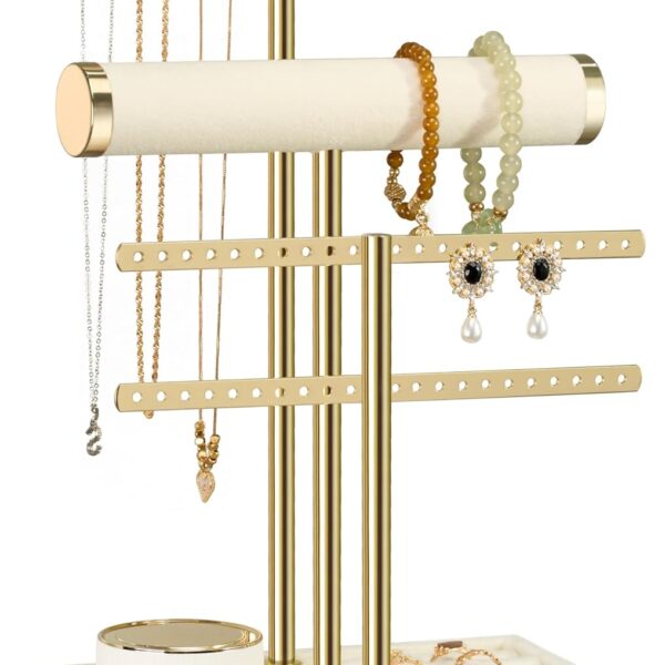 3 Tier Bracelet Holder Display - Detachable T Bar Beige Velvet Bracelet Holder, Jewelry Holder Organizer for Bracelet, Necklace, Earrings, Rings