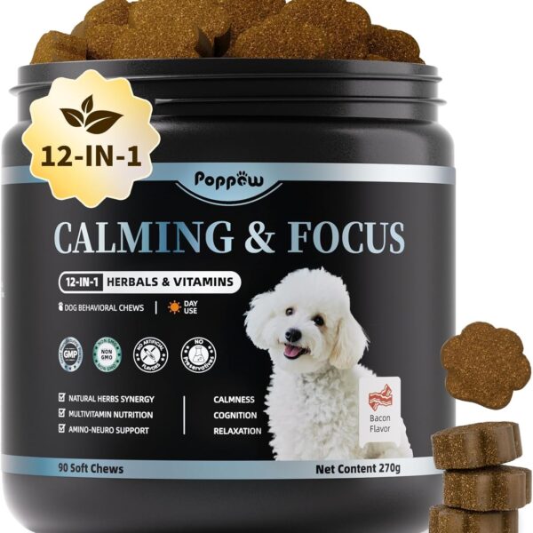 Calming Chews for Dogs 12-in-1 Dog Calming Treats with Herbal & Vitamins, Relaxation, Focus & Behavior Support for Anxiety, Separation, Barking, Travel, Stress, Upgraded Bacon Flavor, 90 Ct