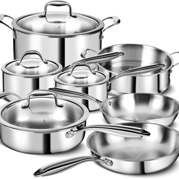 3 Ply Stainless Steel 11-Piece Cookware Set with Lids, Pots and Pans Kitchen Set, Non-Toxic, Induction, Oven, Dishwasher Safe, Professional Chef Quality
