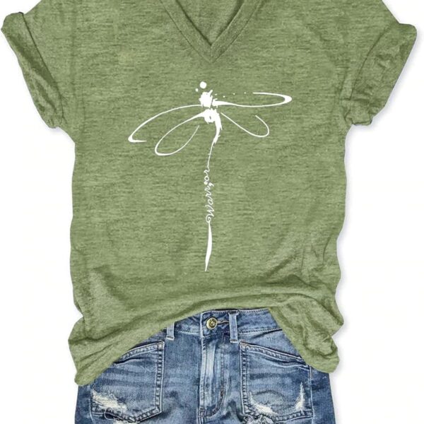 Women's T-Shirts V-Neck Dragonfly Tee Cute Summer Graphic Shirts Vintage Boho Flowers Short Sleeve T Shirt