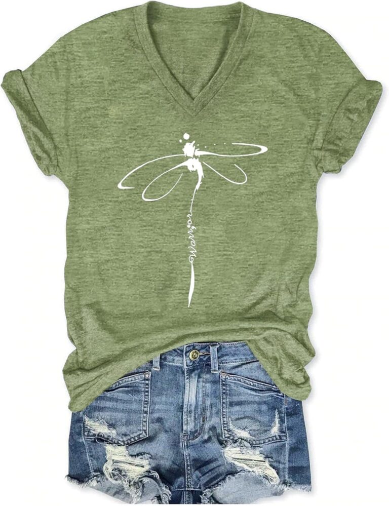Women's T-Shirts V-Neck Dragonfly Tee Cute Summer Graphic Shirts Vintage Boho Flowers Short Sleeve T Shirt