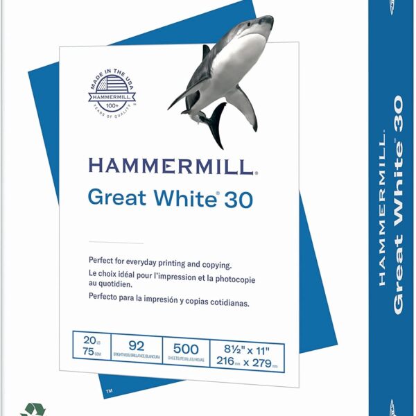 Hammermill Printer Paper, Great White 30% Recycled Paper, 8.5 x 11-1 Ream (500 Sheets) - 92 Bright, Made in the USA, 086710