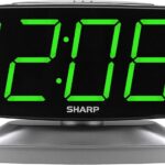 Sharp Home LED Digital Alarm Clock  Swivel Base - Outlet Powered, Simple Operation, Alarm, Snooze, Brightness Dimmer, Big Green Digit Display, Silver Case
