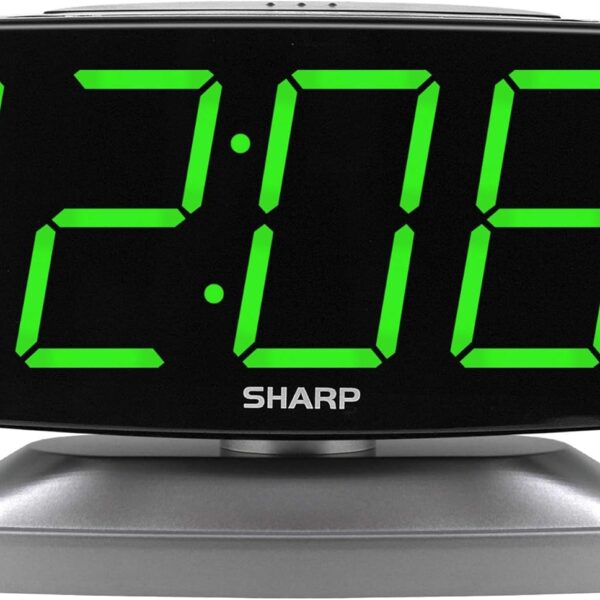 Sharp Home LED Digital Alarm Clock  Swivel Base - Outlet Powered, Simple Operation, Alarm, Snooze, Brightness Dimmer, Big Green Digit Display, Silver Case