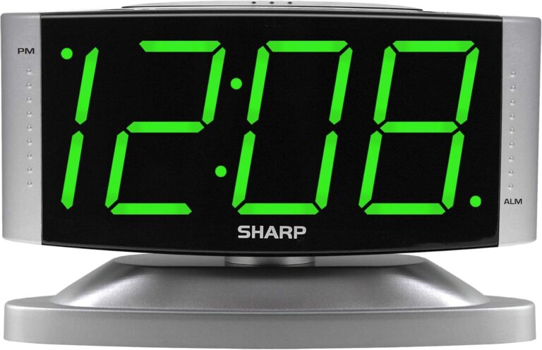 Sharp Home LED Digital Alarm Clock  Swivel Base - Outlet Powered, Simple Operation, Alarm, Snooze, Brightness Dimmer, Big Green Digit Display, Silver Case
