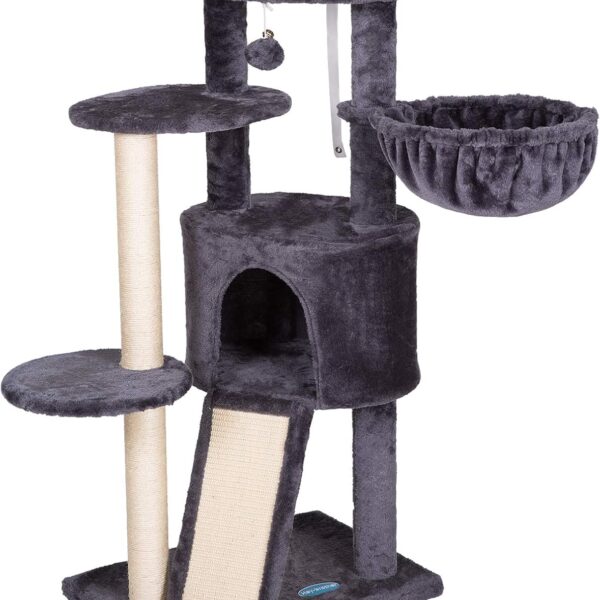 Hey-brother Cat Tree with Scratching Board, Cat Tower with Padded Plush Perch and Cozy Basket, Multi-Platform for Jump, Smoky Gray MPJ005G