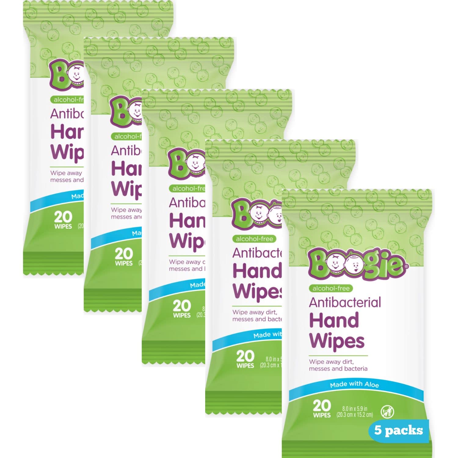 Boogie Antibacterial Hand Wipes by Boogie, Alcohol Free, Hypoallergenic and Moisturizing Aloe, for Kids and Adults -100 Total Wipes (5 Packs of 20) Boogie Antibacterial Hand Wipes by Boogie, Alcohol Free, Hypoallergenic and Moisturizing Aloe, for Kids and Adults -100 Total Wipes (5 Packs of 20)