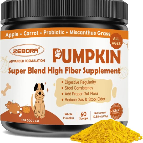 ZEBORA Pumpkin for Dogs - Natural Fiber for Dogs and Cats, Apple, Dog Probiotics for Digestive Health, Support Firm Stool, Diarrhea, Constipation, Add Water to Make Pumpkin Puree for Dogs, 10.58 oz