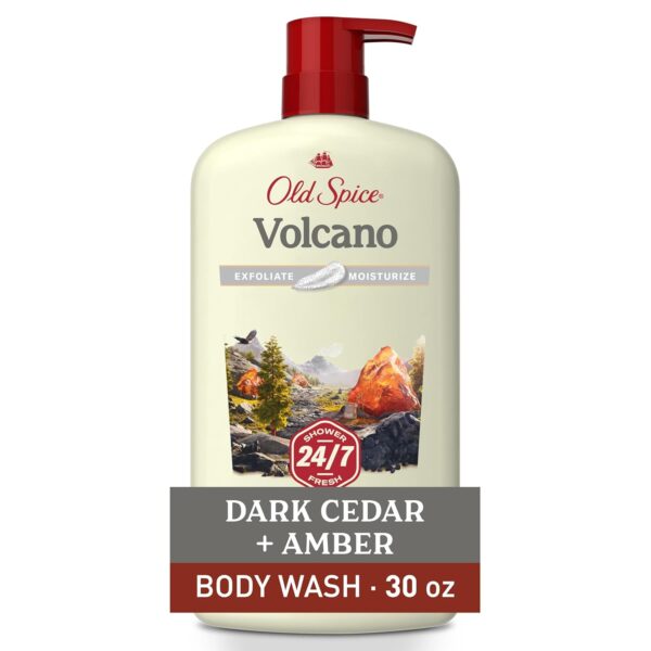Old Spice Cleansing Body Wash for Men, 24/7 Shower Fresh with Lasting Scent, Exfoliate & Moisture, Gentle on Skin, Vitamin B3, Volcano with Dark Cedar + Amber Scent, 30 oz