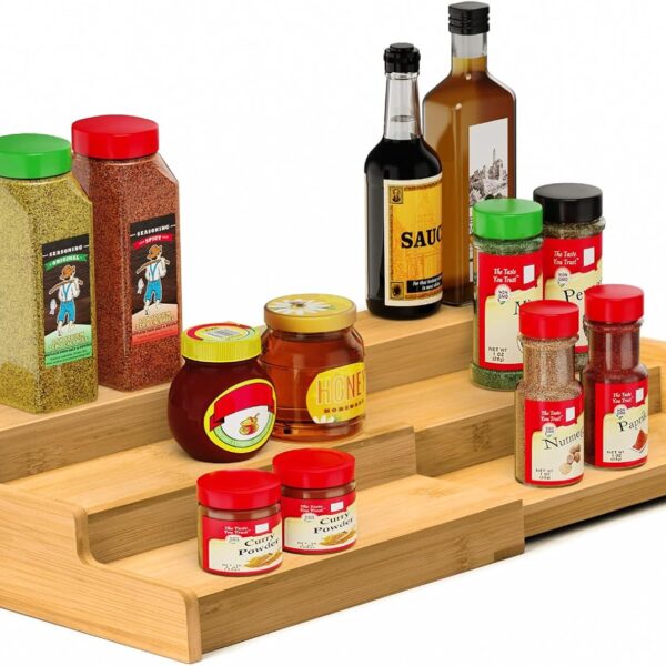 Spice Rack, 3-Tier Expandable Bamboo Spice Rack Organizer for Cabinet - Kitchen, Pantry and Cupboard Storage Organizer