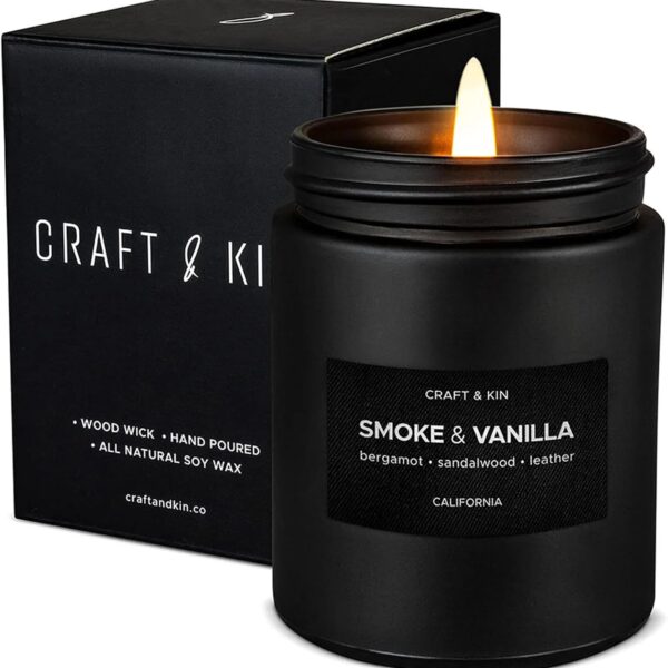 Craft & Kin Premium Smoke & Vanilla Candle | Black Scented Candles for Men | Long Lasting with 45 Hour Burn Time, 7.6oz | Soy Candle | Aromatherapy at Home | Gifts for Men