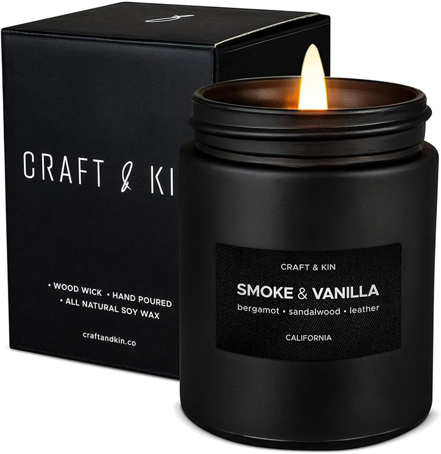 Craft & Kin Premium Smoke & Vanilla Candle | Black Scented Candles for Men | Long Lasting with 45 Hour Burn Time, 7.6oz | Soy Candle | Aromatherapy at Home | Gifts for Men Craft & Kin Premium Smoke & Vanilla Candle | Black Scented Candles for Men | Long Lasting with 45 Hour Burn Time, 7.6oz | Soy Candle | Aromatherapy at Home | Gifts for Men