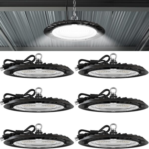 Sunco 6 Pack UFO LED High Bay Light, 150W, 19500 Lumens, 5000k Ultra Bright Commercial Shop Lights for Warehouse, Factory, Workshop, Garage & Barn, Ceiling Mount, Plug & Play, 120V, UL