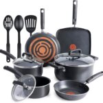 T-Fal Signature Nonstick Pots and Pans Set 12 Piece, Oven Broiler Safe 350F, Kitchen Cookware Set w/Fry Pans, Saucepans, Saute Pan, Dutch Oven, Griddle, Kitchen, Home, Dishwasher Safe, Black