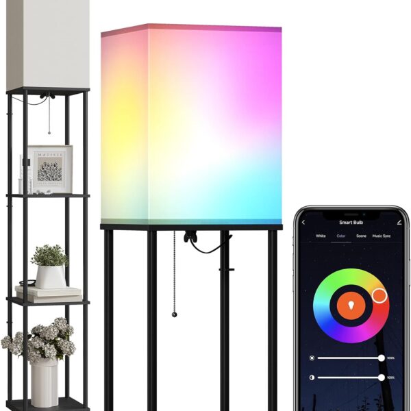 SUNMORY Floor Lamp with Shelves, Smart APP Control Standing Lamps with RGB Bulb, 4-Tier Dimmable Floor Lamps for Living Room, Tall Lamp for Bedroom, Office, Corner Display Bookshelf Lamp