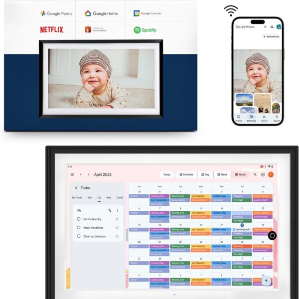 All-in-one Smart Display Built-in Li-Battery|Google Digital Calendar,Picture Frame with Anti-Glare Touchscreen,Voice Assistant,Homehub|Wall-Mount or Desktop|Speakers|No Subscription(10.1-Inch Black)