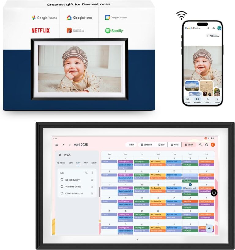 All-in-one Smart Display Built-in Li-Battery|Google Digital Calendar,Picture Frame with Anti-Glare Touchscreen,Voice Assistant,Homehub|Wall-Mount or Desktop|Speakers|No Subscription(10.1-Inch Black)