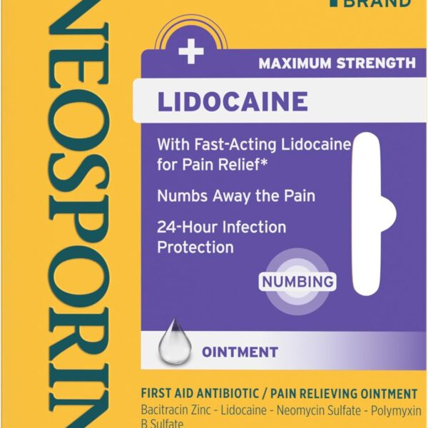 Neosporin + Lidocaine First Aid Triple Antibiotic Ointment, Fast-Acting, Maximum Strength Topical Pain Relief, 24-Hour Infection Protection That Numbs Away The Pain for Minor Wound Care, 0.5 oz
