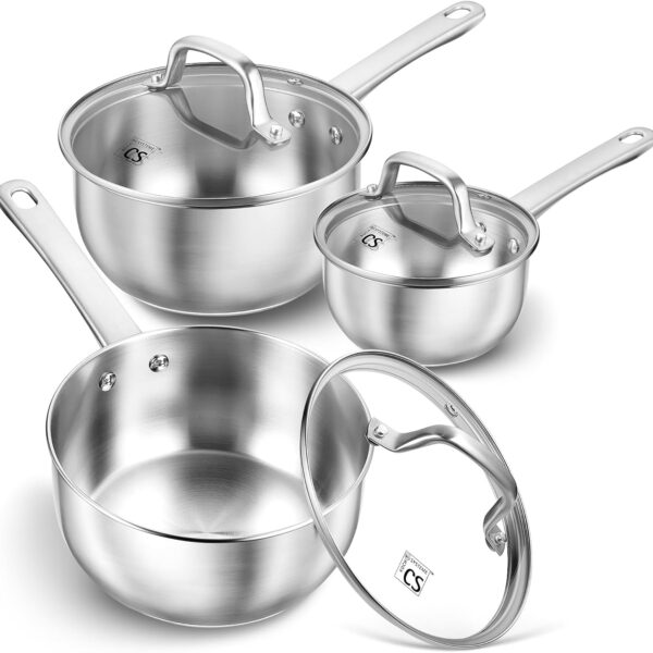 KOCH SYSTEME CS Stainless Steel Saucepan Set, 1QT & 2QT & 3QT Sauce Pan, Premium 18/10 Steel Sauce Pan Set, Induction Saucepans, Stainless Steel Pot Set 6 Piece, Easy to Clean, Oven Safe