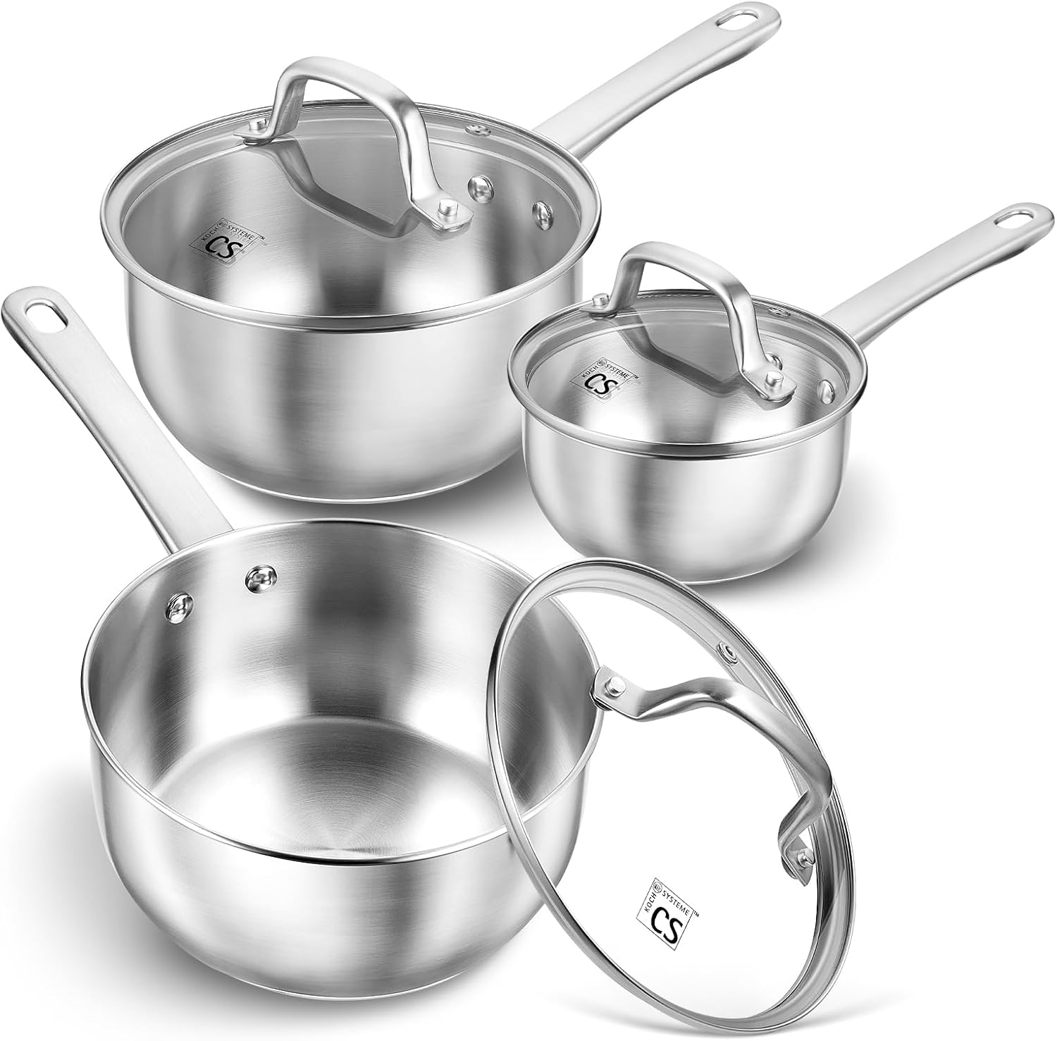KOCH SYSTEME CS Stainless Steel Saucepan Set, 1QT & 2QT & 3QT Sauce Pan, Premium 18/10 Steel Sauce Pan Set, Induction Saucepans, Stainless Steel Pot Set 6 Piece, Easy to Clean, Oven Safe KOCH SYSTEME CS Stainless Steel Saucepan Set, 1QT & 2QT & 3QT Sauce Pan, Premium 18/10 Steel Sauce Pan Set, Induction Saucepans, Stainless Steel Pot Set 6 Piece, Easy to Clean, Oven Safe