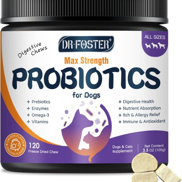 Probiotics for Dogs, Freeze-Dried Dog Probiotics and Digestive Enzymes, Plus Omega-3 for Itchy Skin, 3-in-1 Prebiotics for Digestive Health, Dog Vitamins and Supplements for Immune Health, 120 Bites