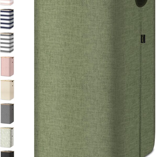 BALEINE Laundry Hamper with Lid, Tall Laundry Baskets with Bamboo Pull Handles, Large Laundry Bin with Internal Support (26 Gal/100L, Green)