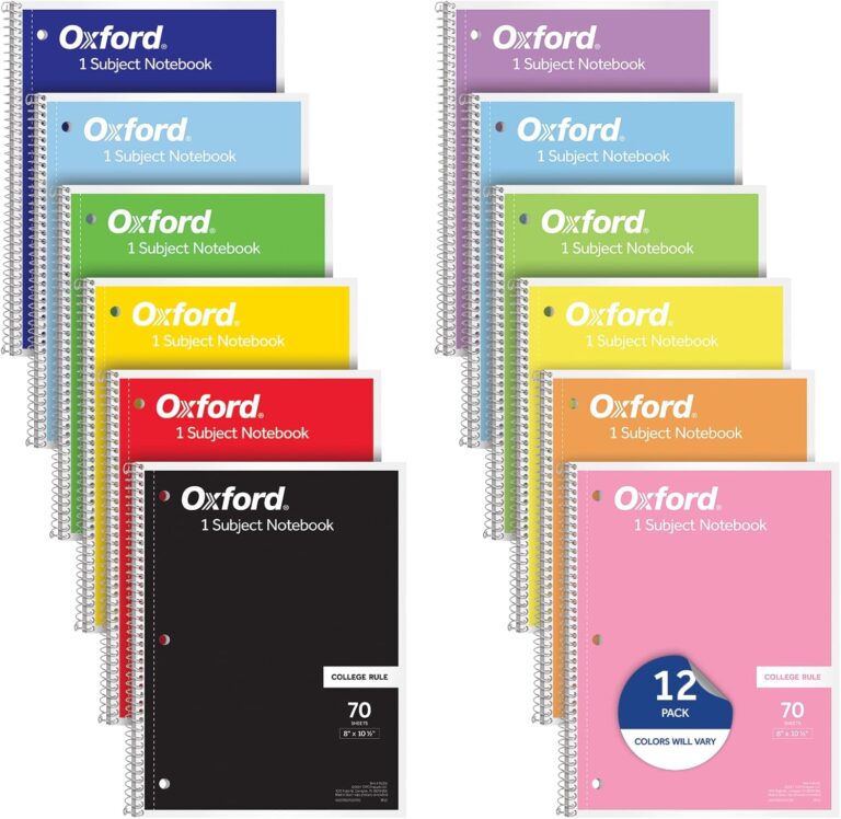 Oxford Spiral Notebooks, 12 Count Bulk Pack, 1 Subject, College Ruled Notebooks for School, 8 x 10.5 Inches, 70 Sheets, Assorted Colors, Back to School Supplies (65205)