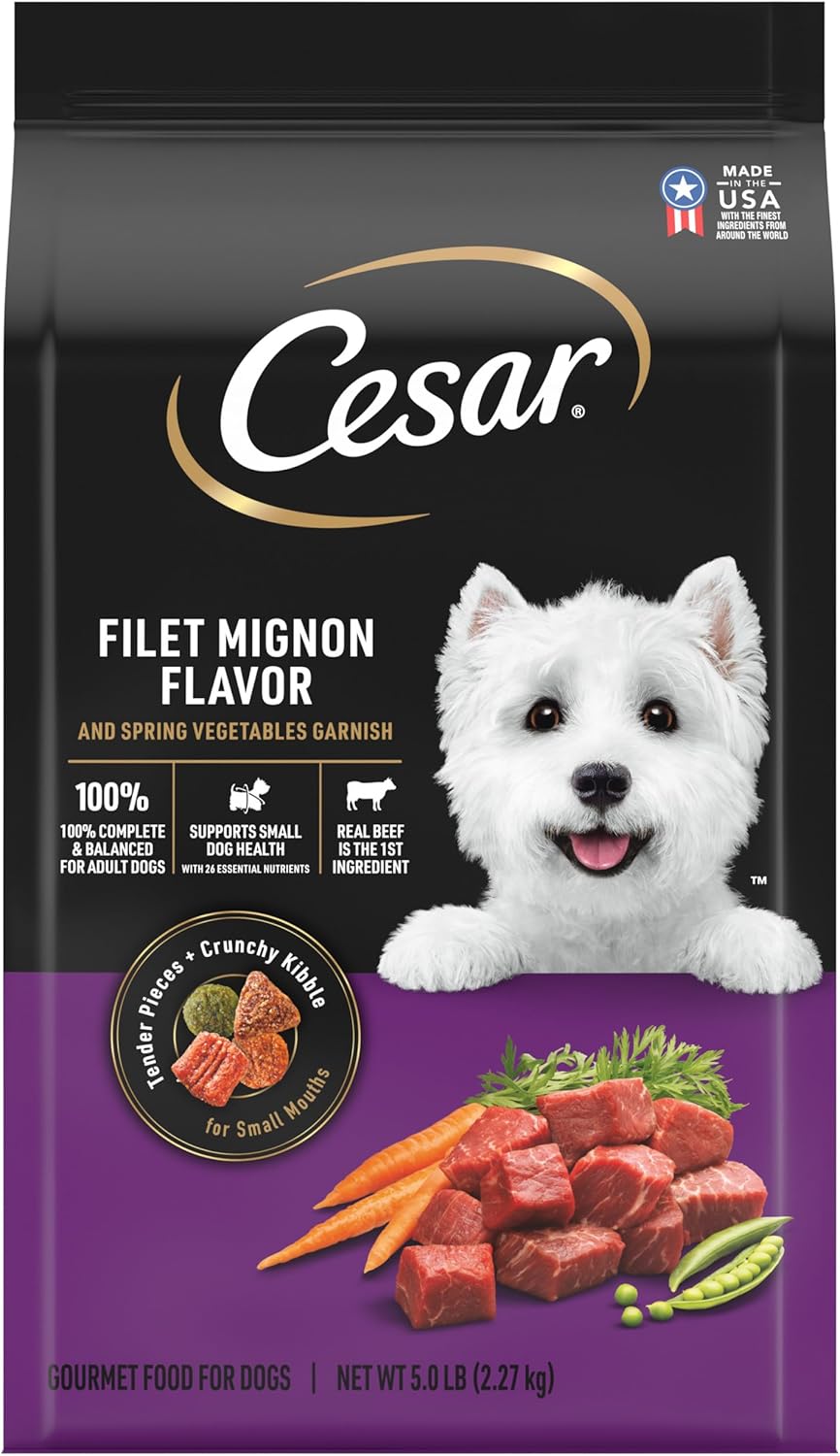Cesar Small Breed Dry Dog Food for Small Dogs, Filet Mignon Flavor and Spring Vegetables Garnish, 5 lb Bag Cesar Small Breed Dry Dog Food for Small Dogs, Filet Mignon Flavor and Spring Vegetables Garnish, 5 lb Bag