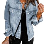EVALESS Womens Boyfriend Washed Crop Denim Jean Jacket Coat