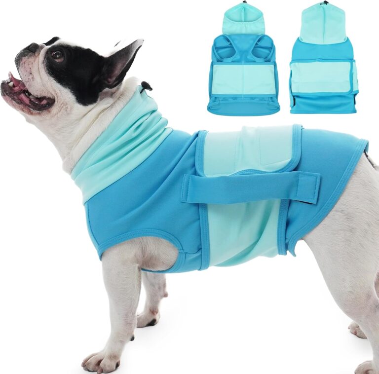 Dog Anxiety Jacket,Adjustable Calming Jacket for Small Breeds,Sleeveless & Lightweight, High Neck Wraps Head & Ears for Fireworks, Anti-Anxiety Shirt for French Bulldogs,Blue-M
