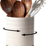 Utensil Holder, 360 Rotating Extra Large Ceramic Kitchen Utensil Holder for Countertop, 7.3 Cooking Utensil Crocks for Kitchen Counter with Rotatable Wooden Base, Farmhouse Decor, Arctic White