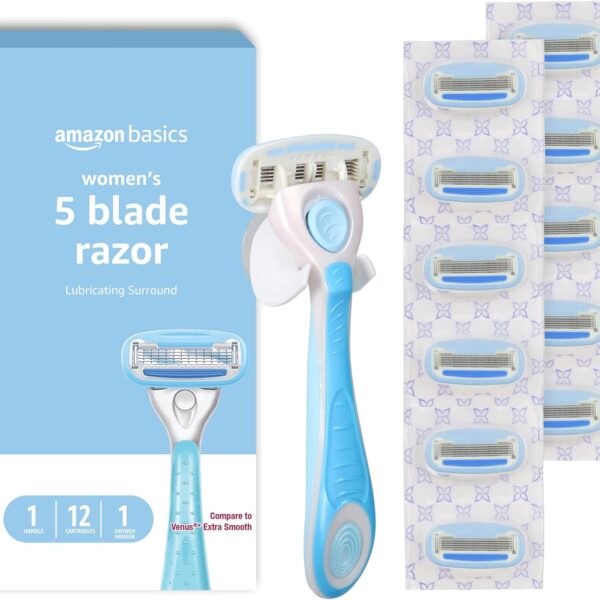 Amazon Basics 5-Blade Razor Handle for Women, Includes 12 Cartridges and Shower Hanger, 14 Piece Set, Blue