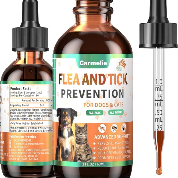 Oral Flea and Tick Support for Dogs and Cats, Natural Dog Flea and Tick Defense, Cat Flea Drops Supplements with Vitamin for Pets - All Breeds and Ages - Bacon
