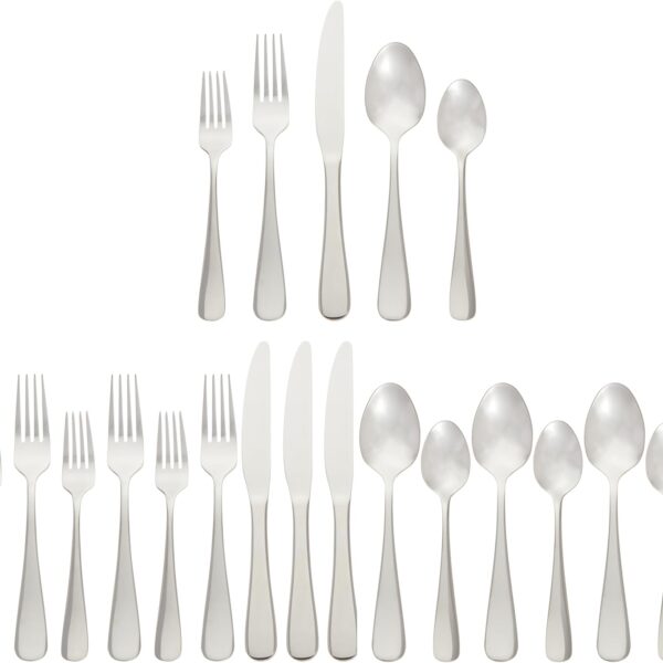 Amazon Basics Silverware Set, Stainless Steel Flatware, Dishwasher Safe, Service for 4, 20-Piece Forks and Spoons, Round Edge, Everyday Use